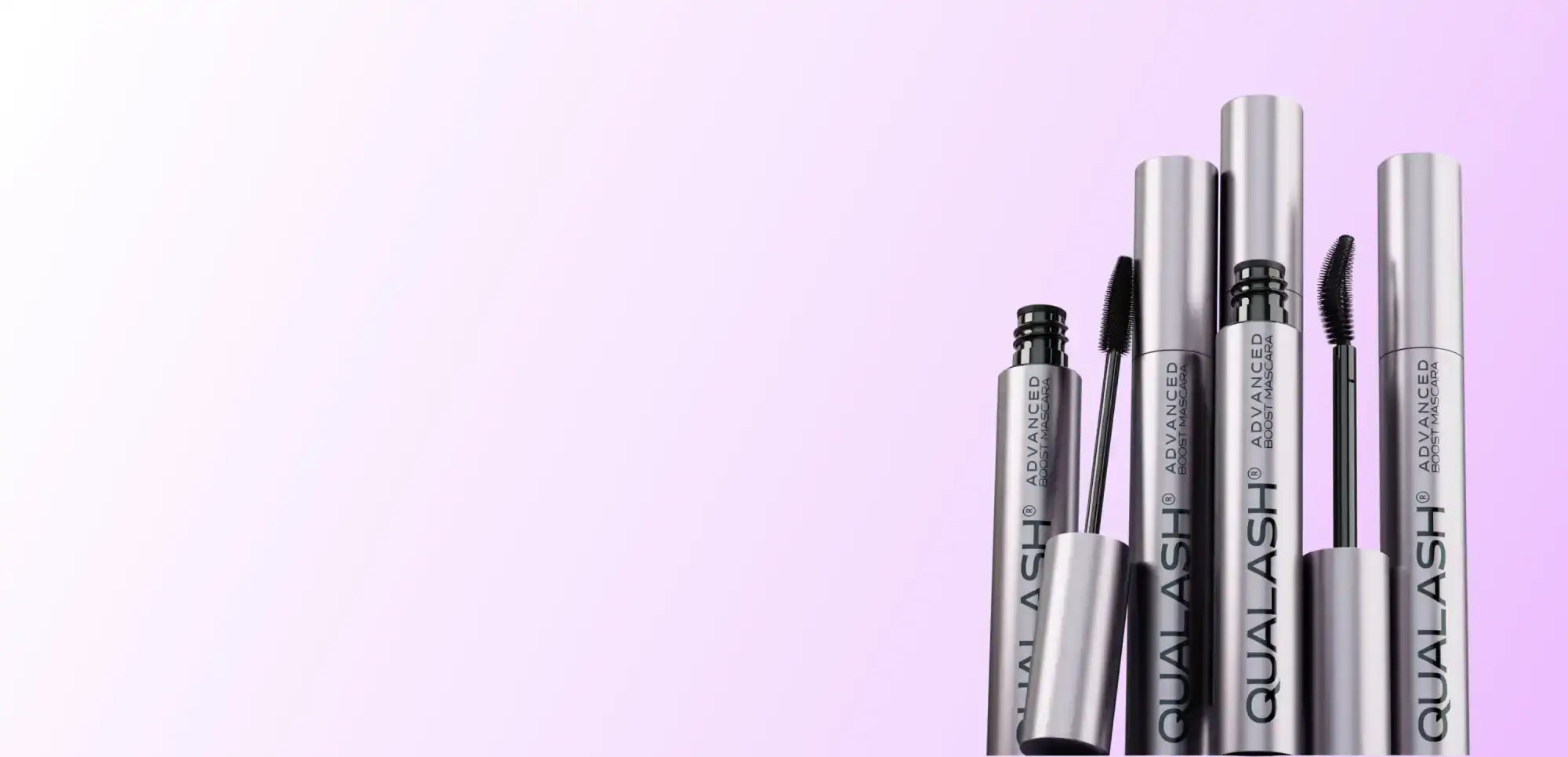 QUALASH Peptide Mascara – advanced lash formula in sleek metallic packaging with precision applicators