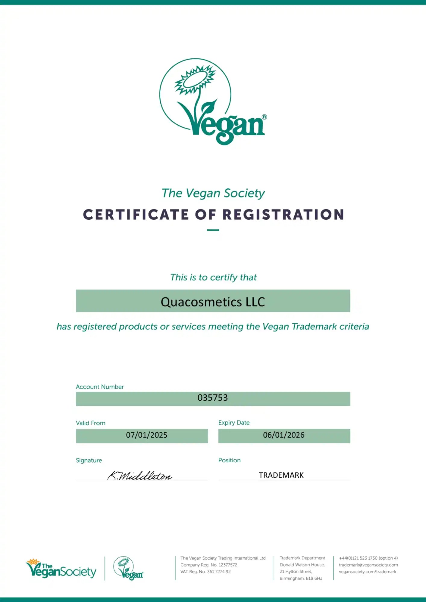 Official Vegan Society certificate for Quacosmetics LLC